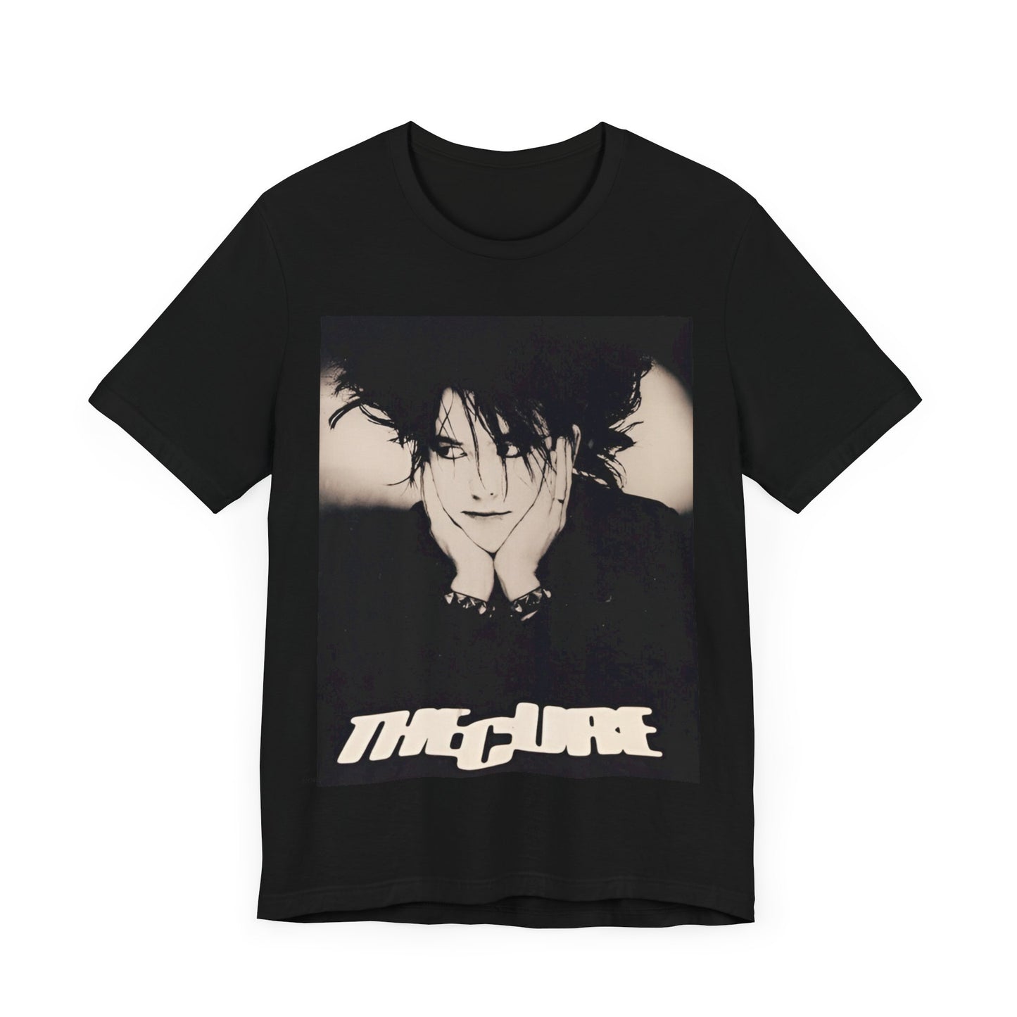 A black graphic t-shirt featuring a graphic of The Cure with cool new wave vibes.