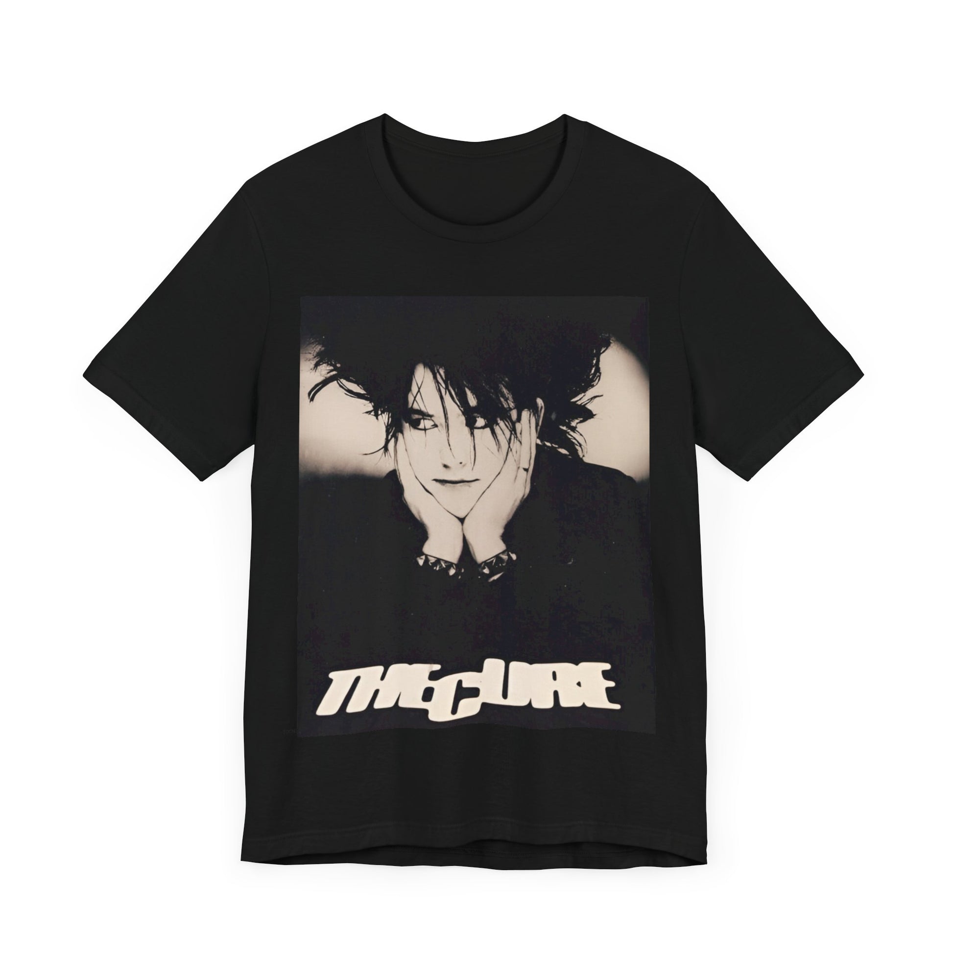 A black graphic t-shirt featuring a graphic of The Cure with cool new wave vibes.