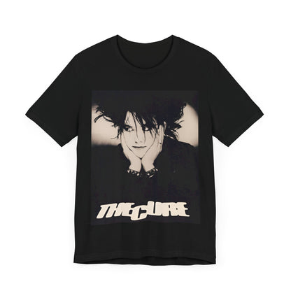 A black graphic t-shirt featuring a graphic of The Cure with cool new wave vibes.