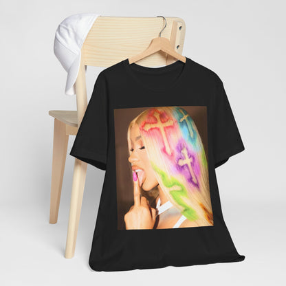 A black graphic t-shirt featuring a graphic related to Cardi B's 'Invasion of Privacy' album era.
