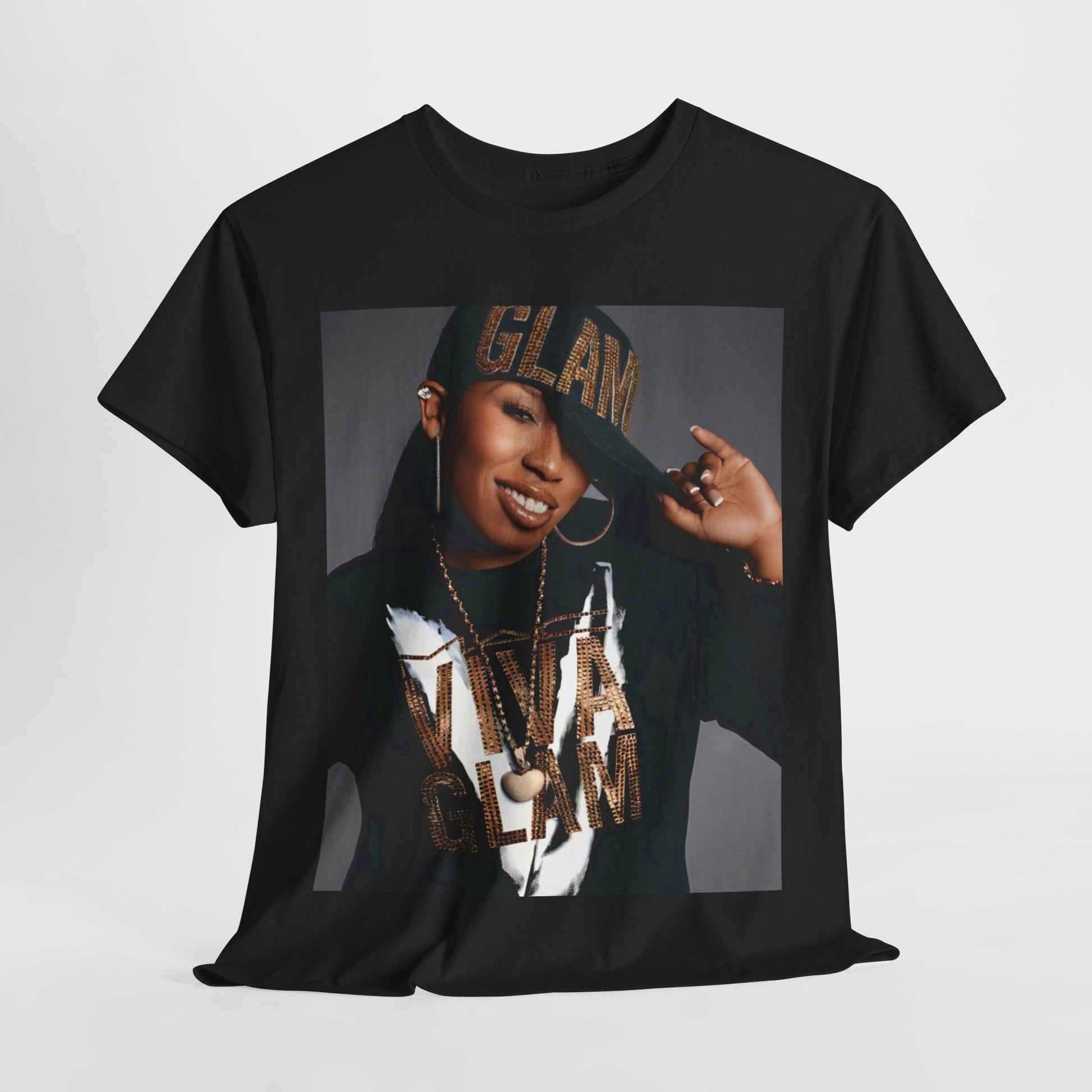 A black graphic t-shirt featuring a 90s graphic of Missy Elliott as a global rap phenomenon.
