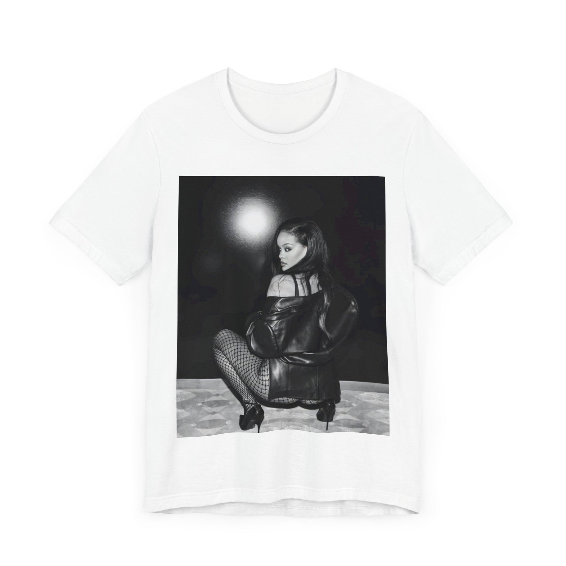 A black graphic t-shirt featuring a black and white sexy graphic of Rihanna.