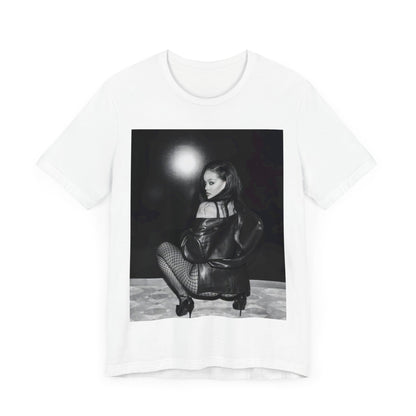 A black graphic t-shirt featuring a black and white sexy graphic of Rihanna.