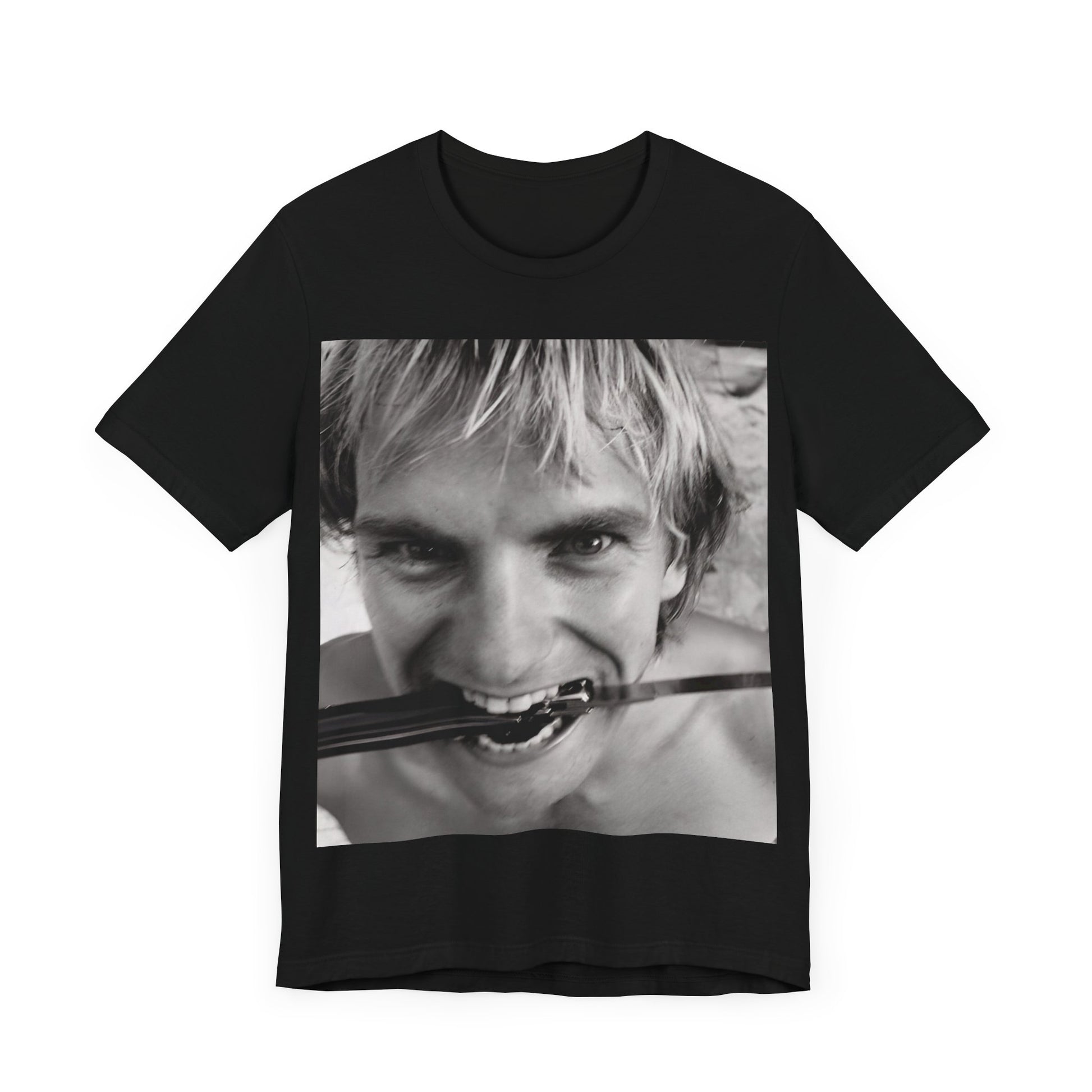 A black graphic t-shirt featuring a wild photo graphic of Sting.