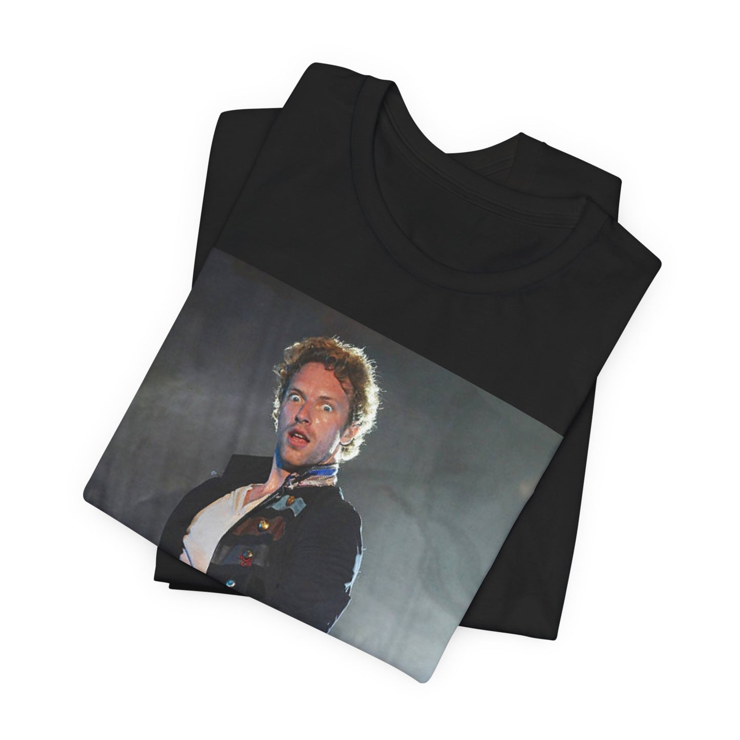 A black graphic t-shirt featuring a vintage graphic of Coldplay performing live acoustically.