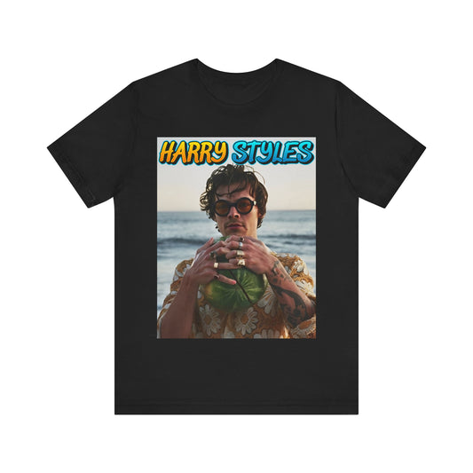 A black graphic t-shirt featuring a graphic related to Harry Styles' 'Watermelon Sugar' song or its viral impact.
