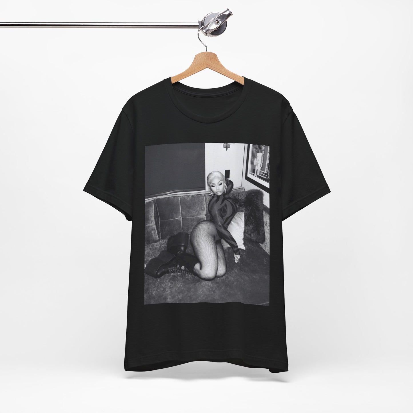 A black graphic t-shirt featuring a fierce black and white glamour graphic of Nicki Minaj.