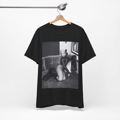A black graphic t-shirt featuring a fierce black and white glamour graphic of Nicki Minaj.