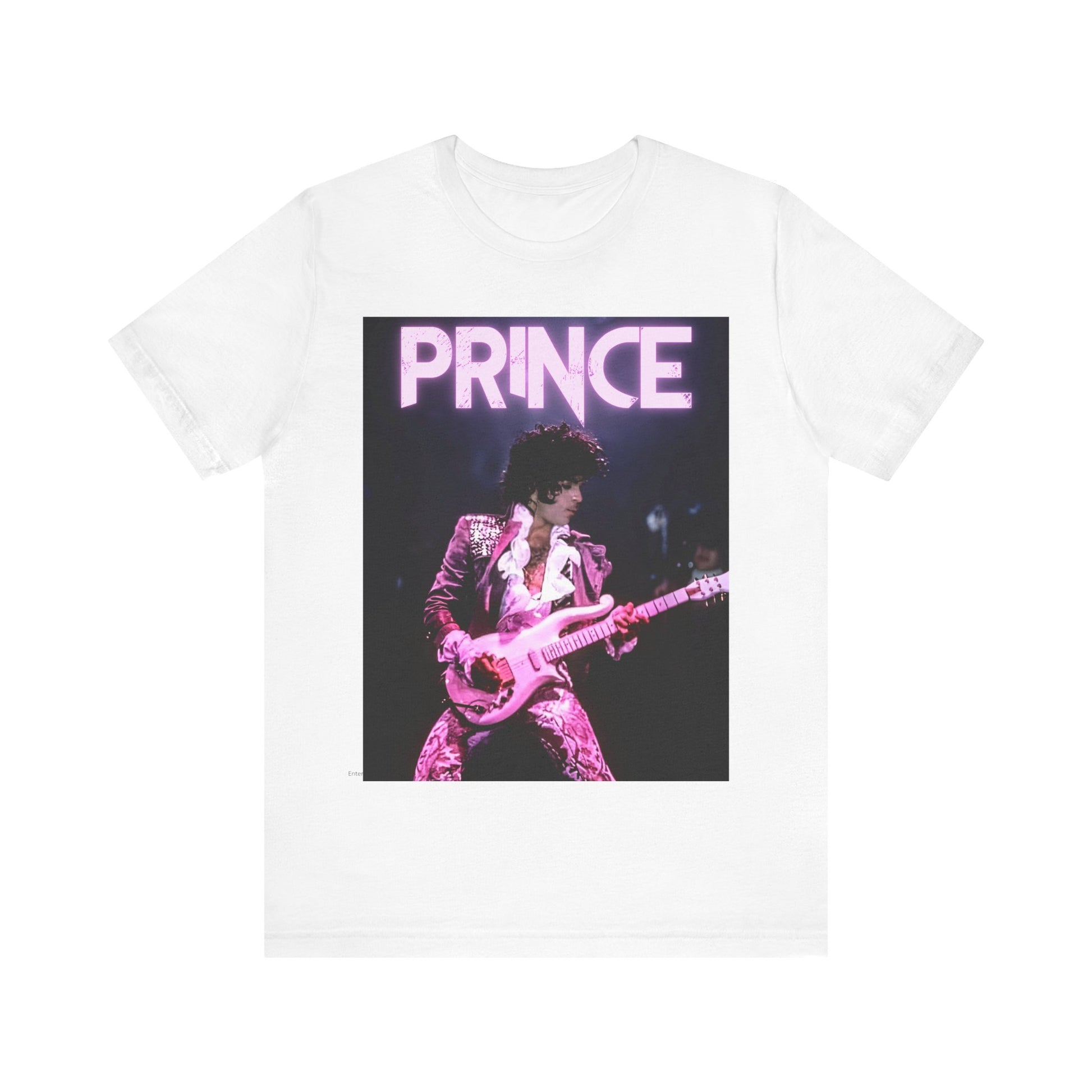 A black graphic t-shirt featuring an 80s pop genius graphic of Prince.