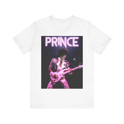 A black graphic t-shirt featuring an 80s pop genius graphic of Prince.