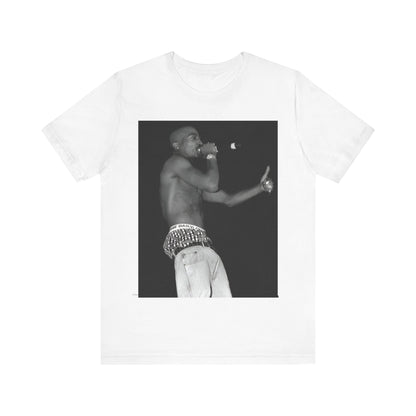 A black graphic t-shirt featuring a graphic of Tupac as a justice fighter.
