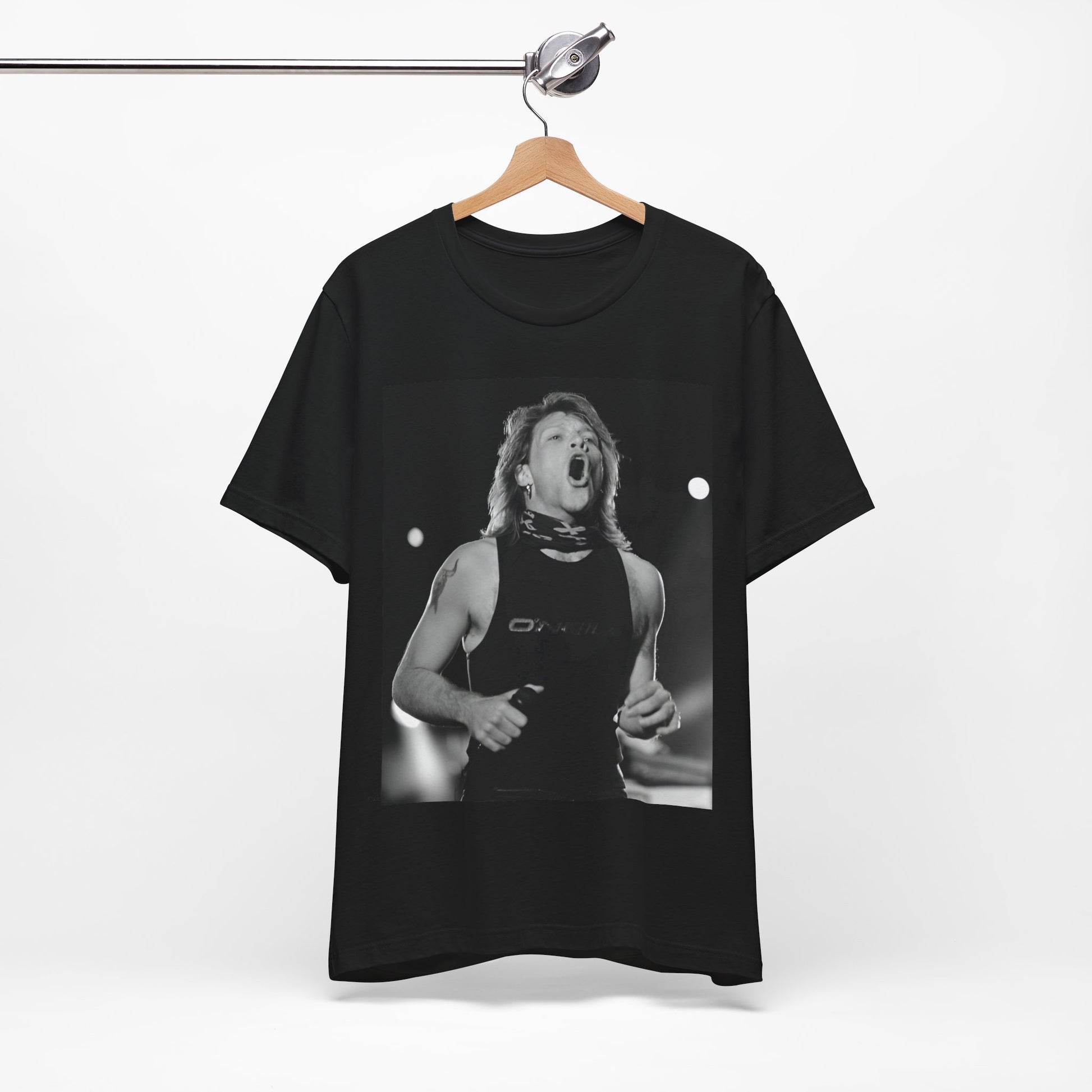 A black graphic t-shirt featuring a black and white iconic graphic or photo of Bon Jovi as superstars.