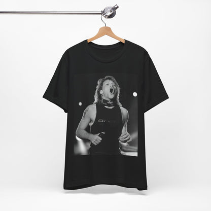 A black graphic t-shirt featuring a black and white iconic graphic or photo of Bon Jovi as superstars.