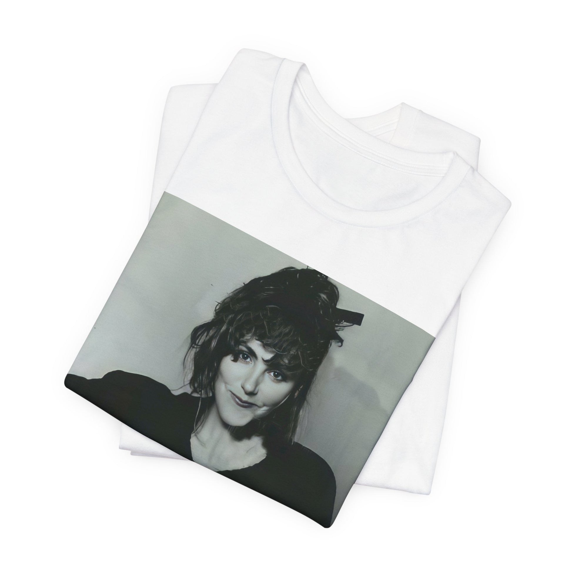 A black graphic t-shirt featuring a casual 80s pop fan graphic of Laura Branigan.