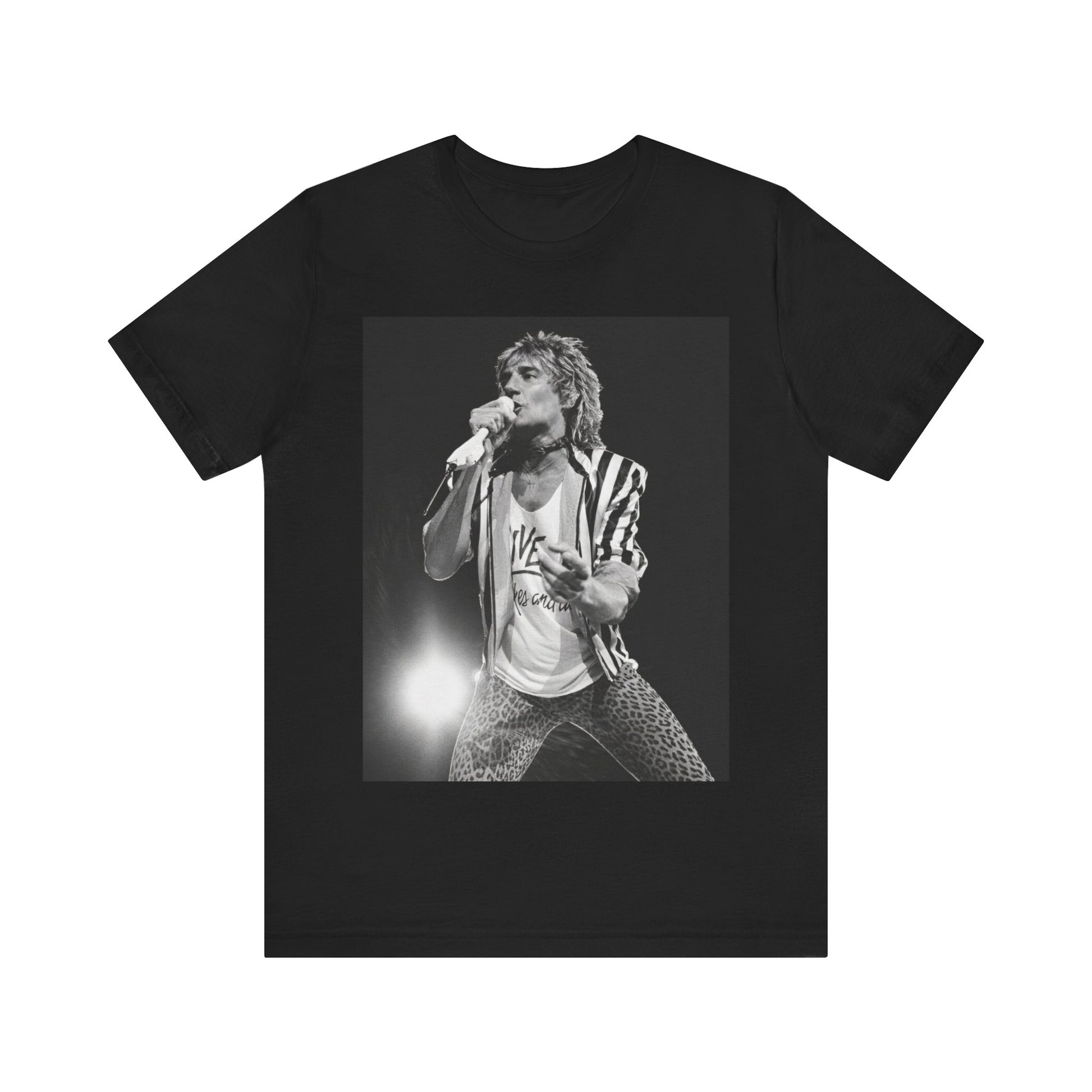 A black graphic t-shirt featuring a black and white portrait photo of Rod Stewart.