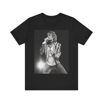 A black graphic t-shirt featuring a black and white portrait photo of Rod Stewart.
