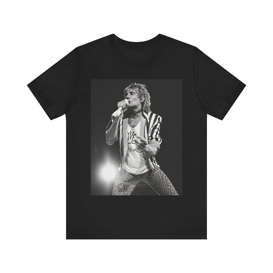 A black graphic t-shirt featuring a black and white portrait photo of Rod Stewart.