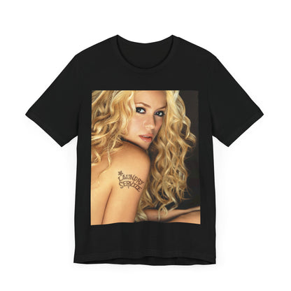 A black graphic t-shirt featuring a glamorous portrait graphic of Shakira.
