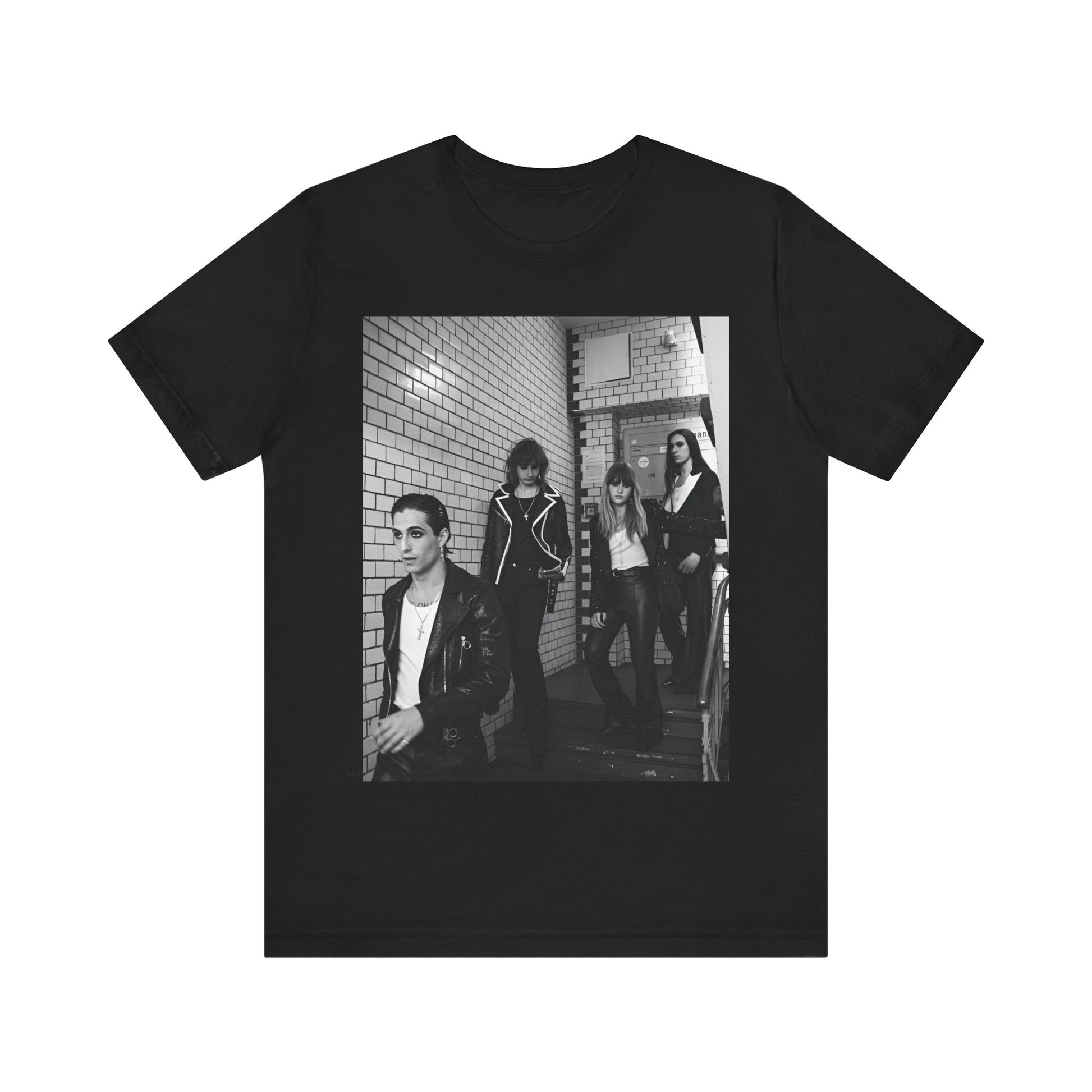 A black graphic t-shirt featuring a black and white graphic or photo of Maneskin in a backstage setting.