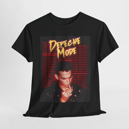 A black graphic t-shirt featuring a stylized graphic of Depeche Mode with an aesthetic design.
