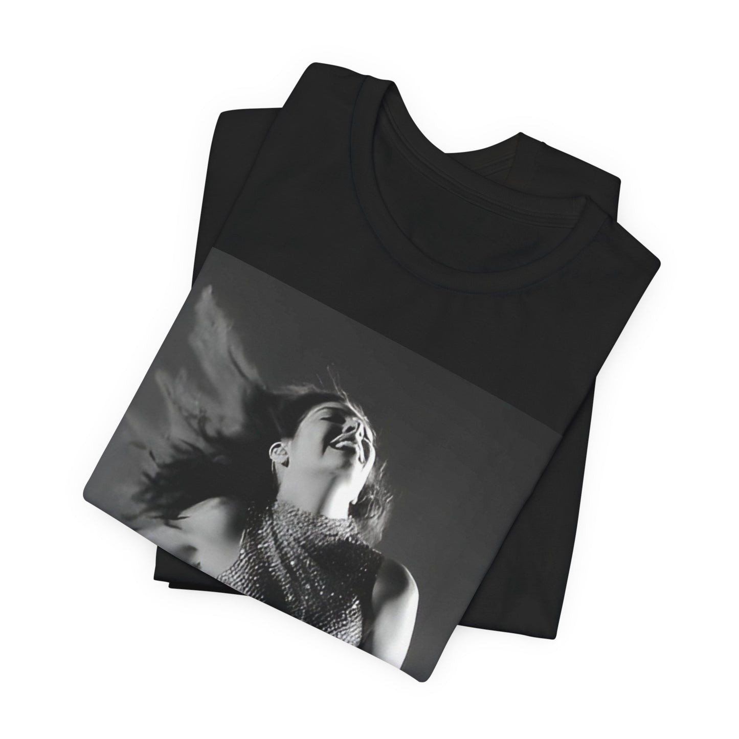 A black graphic t-shirt featuring a black and white, monochrome graphic or portrait of Lorde.