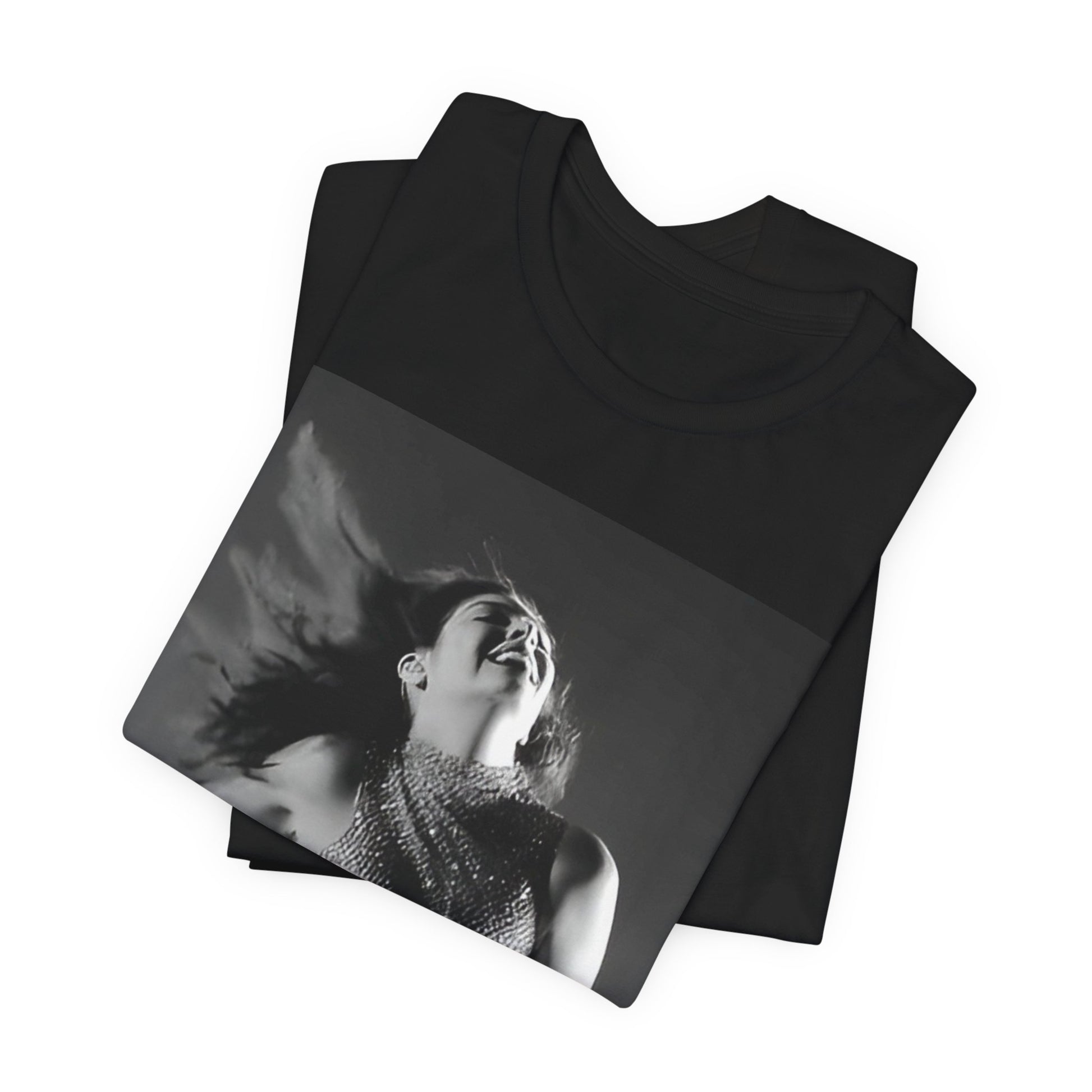 A black graphic t-shirt featuring a black and white, monochrome graphic or portrait of Lorde.
