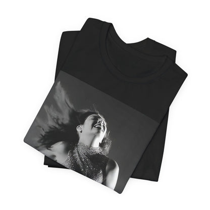 A black graphic t-shirt featuring a black and white, monochrome graphic or portrait of Lorde.