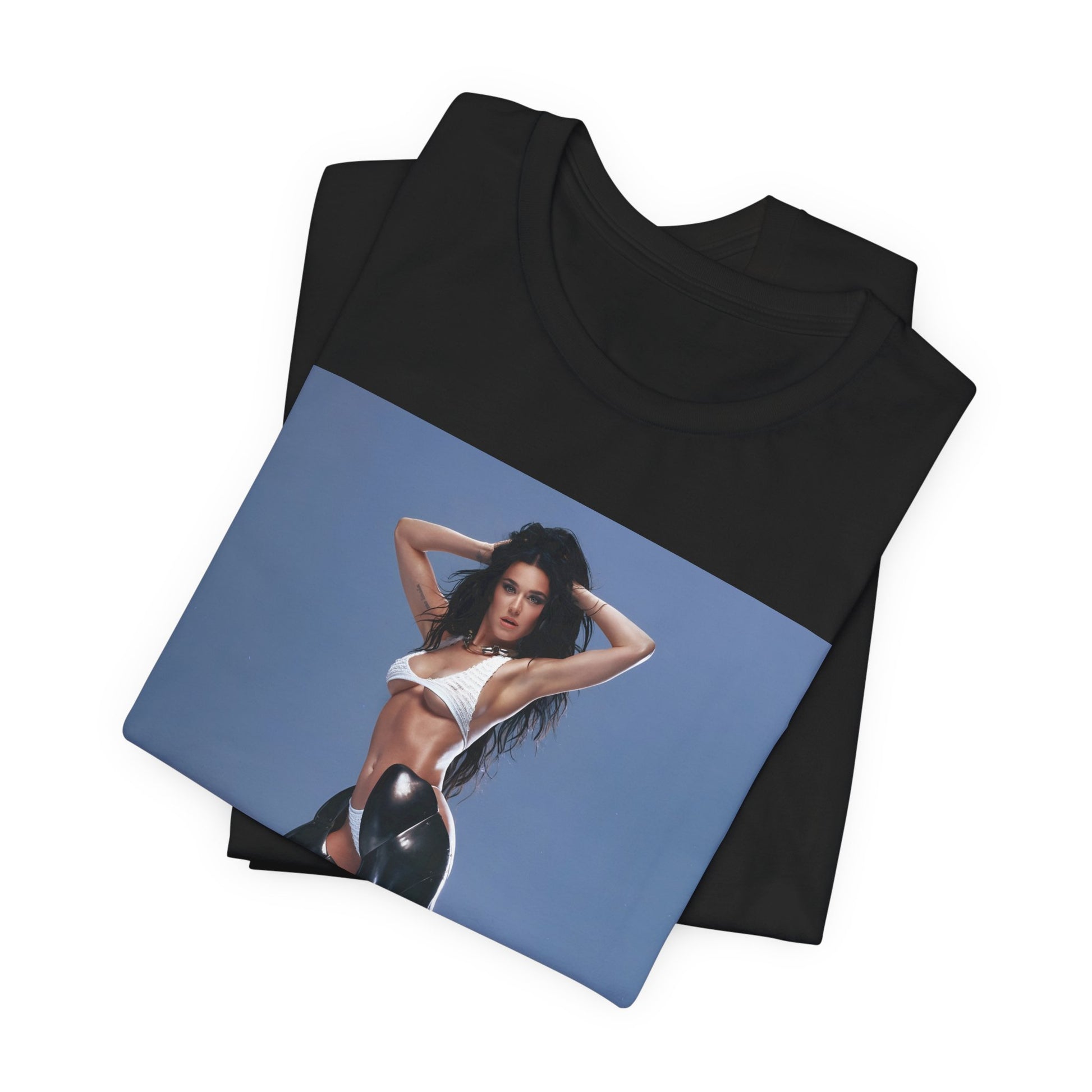 A black graphic t-shirt featuring a graphic of Katy Perry as a pop diva.