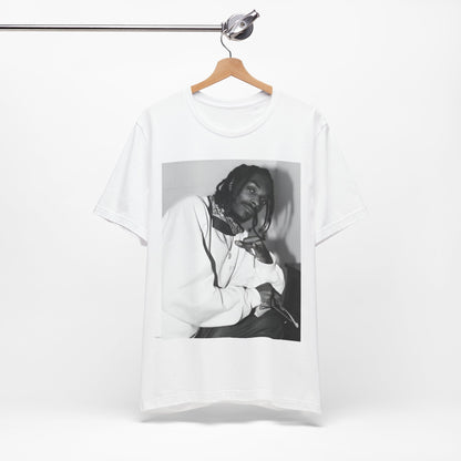 A black graphic t-shirt featuring a black and white hip hop graphic or photo of Snoop Dogg.
