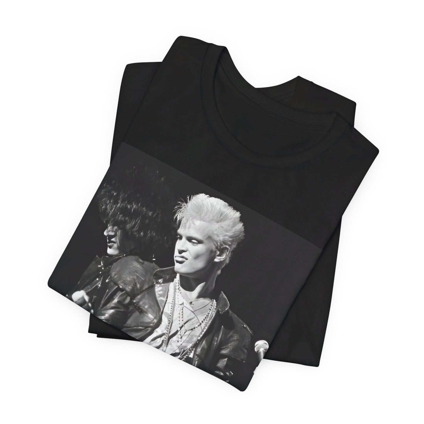 A black graphic t-shirt featuring a live concert graphic of Billy Idol, designed for a comfortable fit.