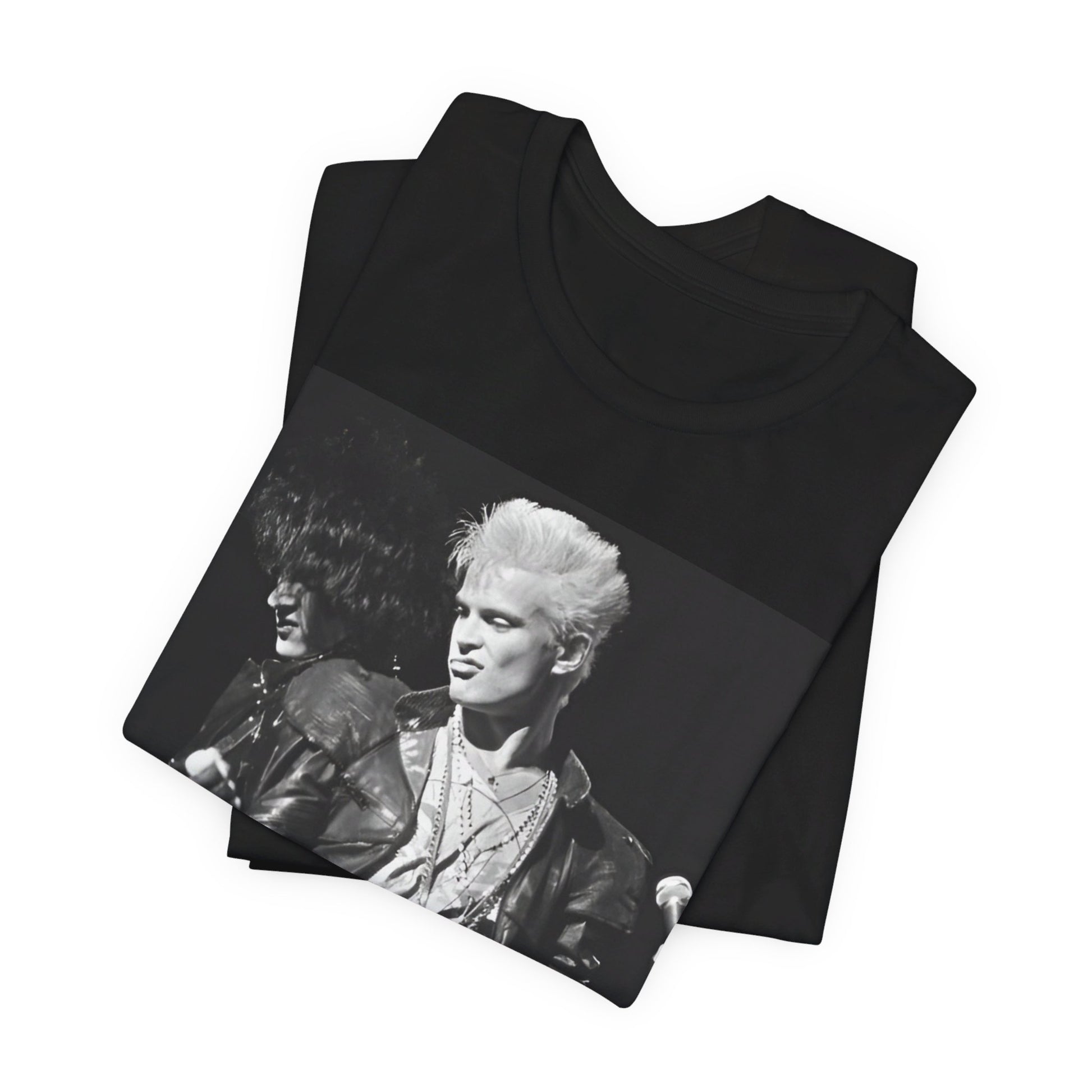 A black graphic t-shirt featuring a live concert graphic of Billy Idol, designed for a comfortable fit.