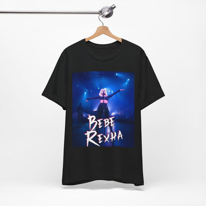 A black graphic t-shirt featuring a dynamic graphic or photo of Bebe Rexha performing live on stage.