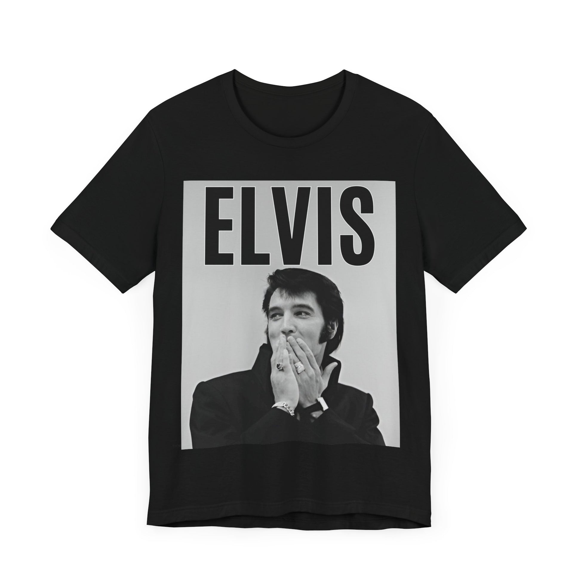 A black graphic t-shirt featuring a retro graphic of Elvis Presley as a 'Rebel With A Cause.'