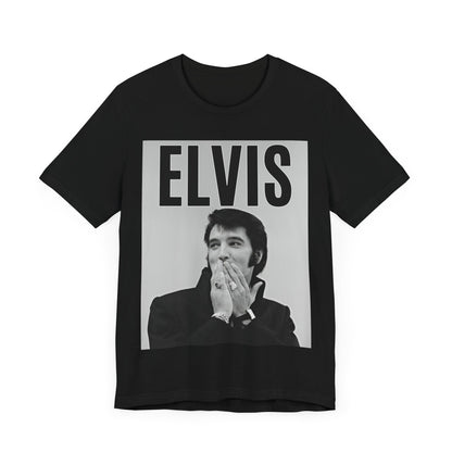 A black graphic t-shirt featuring a retro graphic of Elvis Presley as a 'Rebel With A Cause.'