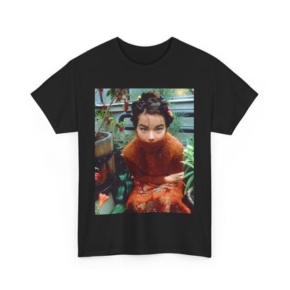 A black graphic t-shirt featuring a dynamic and 'fierce' graphic of Bjork, emphasizing her strong and confident presence.
