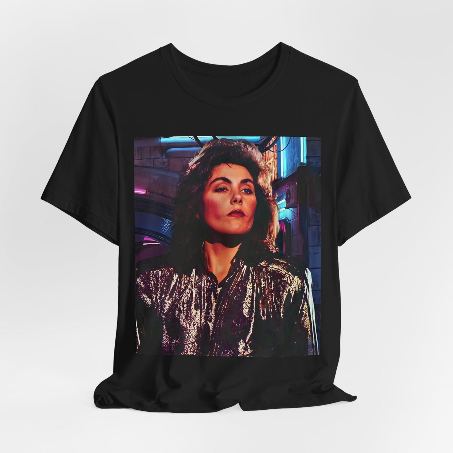 A black graphic t-shirt featuring an 80s synth pop aesthetic graphic of Laura Branigan.