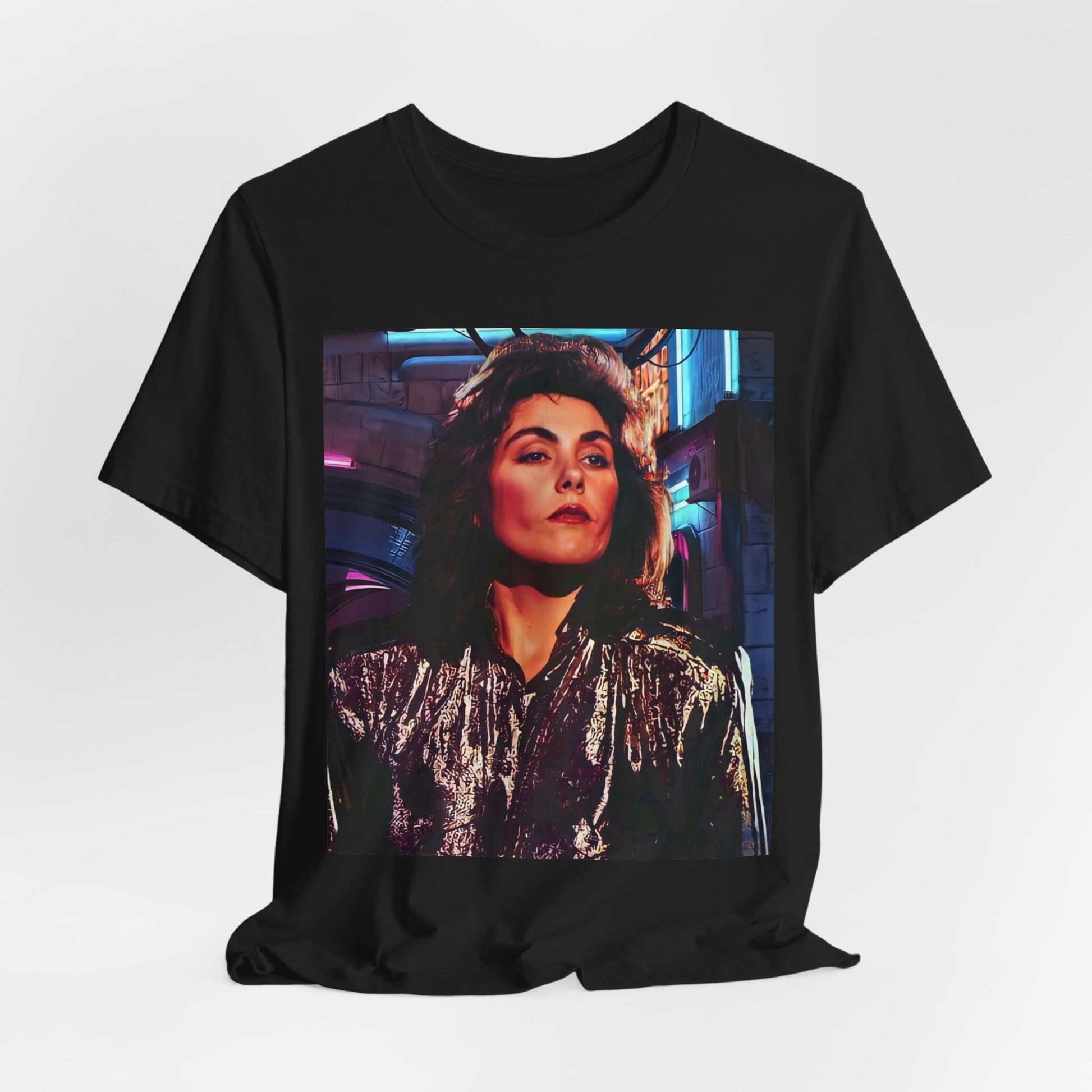 A black graphic t-shirt featuring an 80s synth pop aesthetic graphic of Laura Branigan.