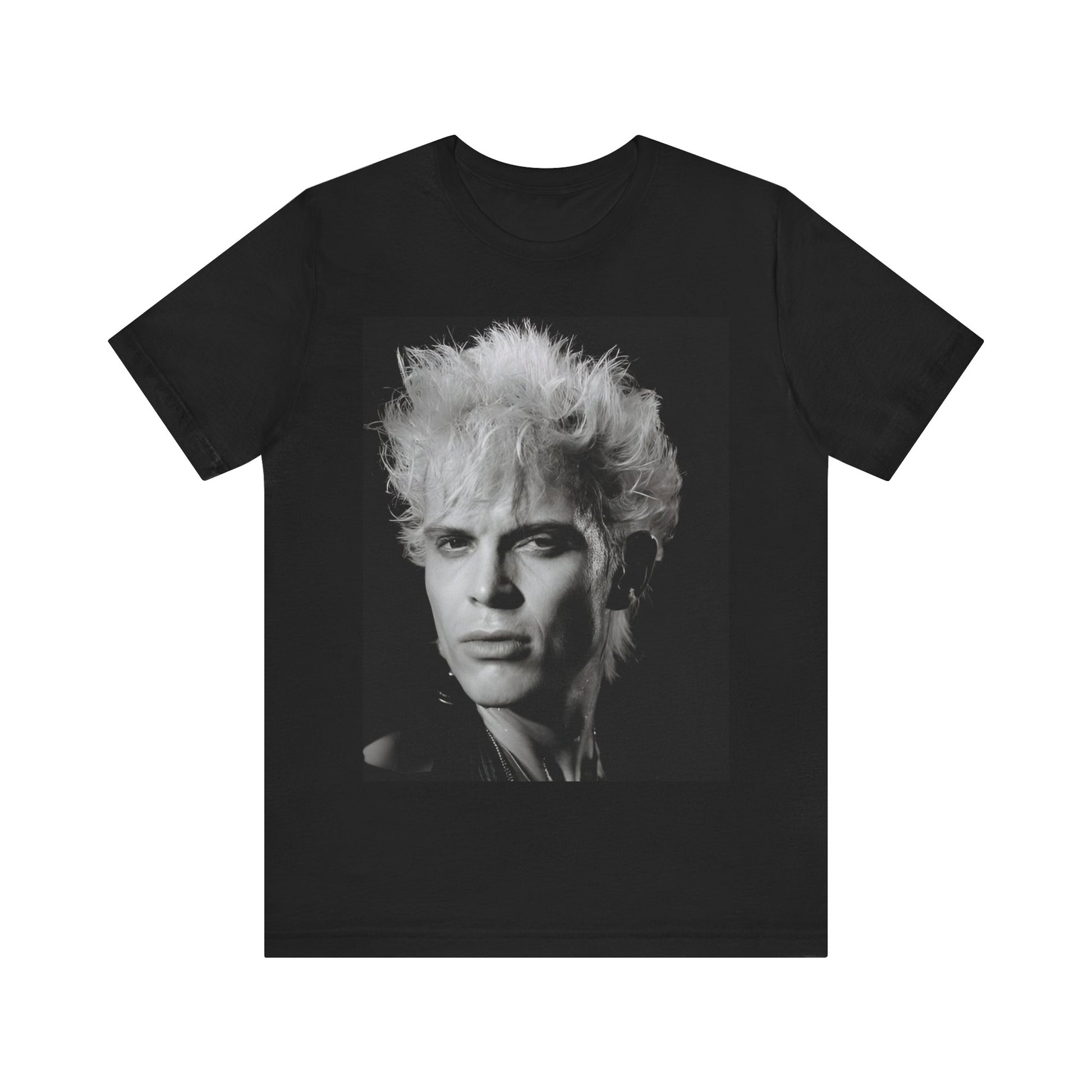 A black graphic t-shirt featuring a bold 80s black and white monochrome graphic of Billy Idol.