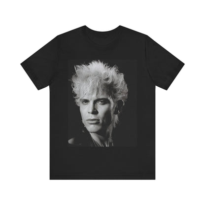 A black graphic t-shirt featuring a bold 80s black and white monochrome graphic of Billy Idol.