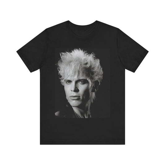 A black graphic t-shirt featuring a bold 80s black and white monochrome graphic of Billy Idol.