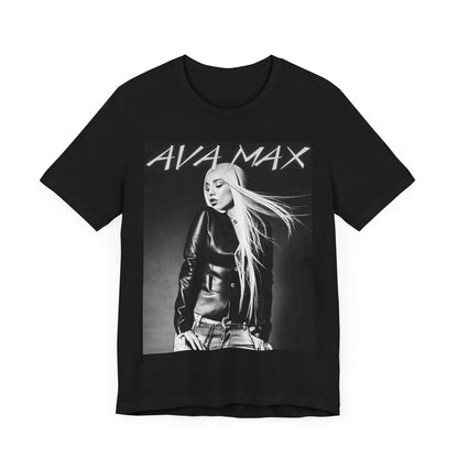 A black graphic t-shirt featuring a black and white portrait photo of Ava Max.