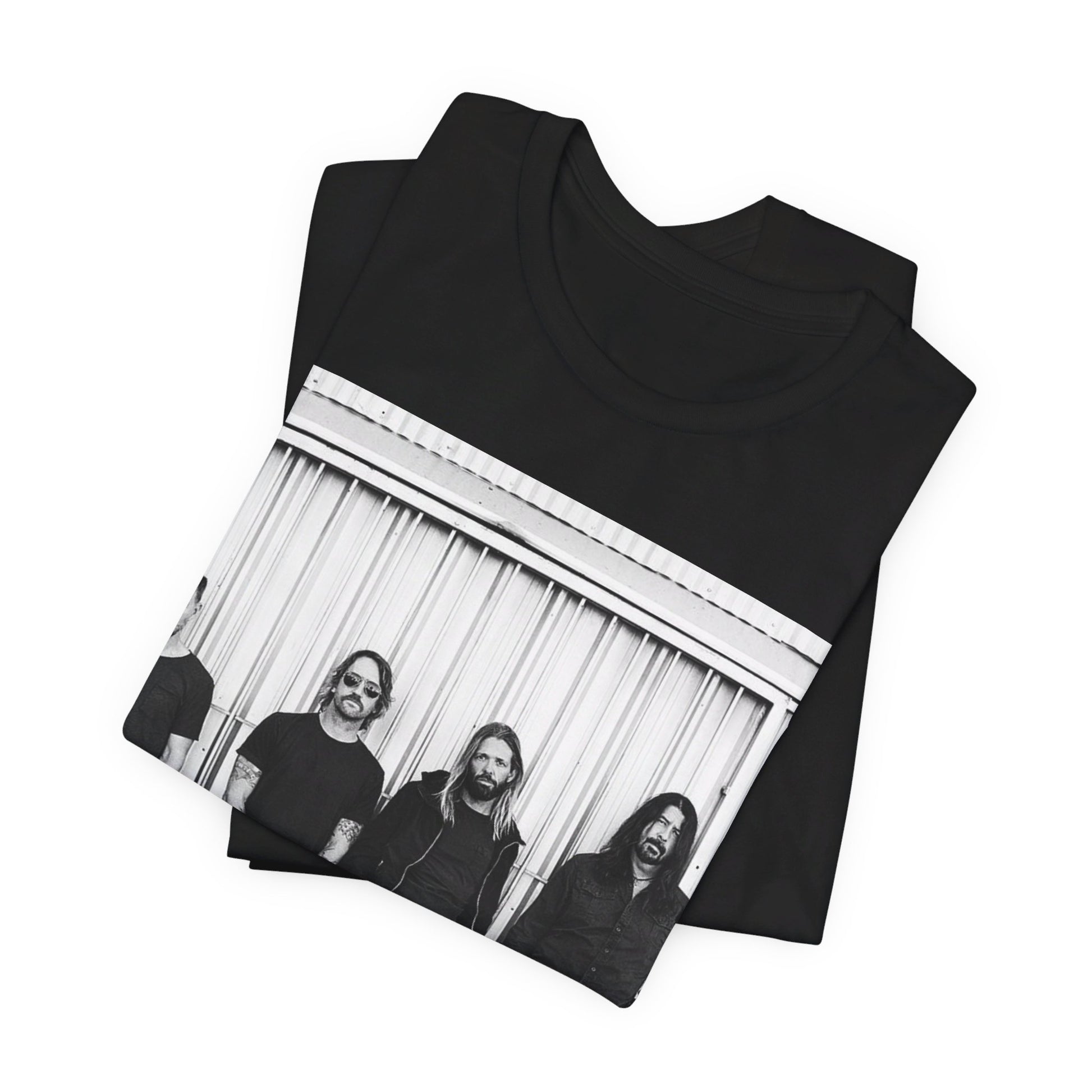 A black graphic t-shirt featuring a photo portrait of the band Foo Fighters.