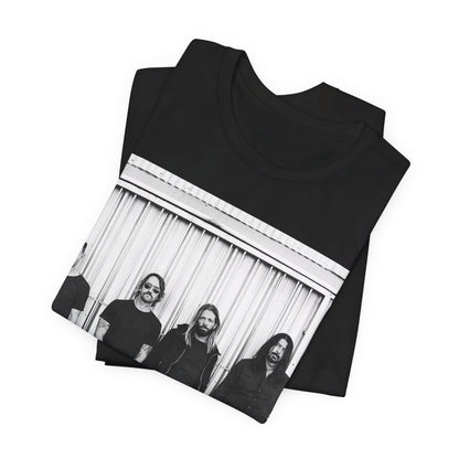 A black graphic t-shirt featuring a photo portrait of the band Foo Fighters.
