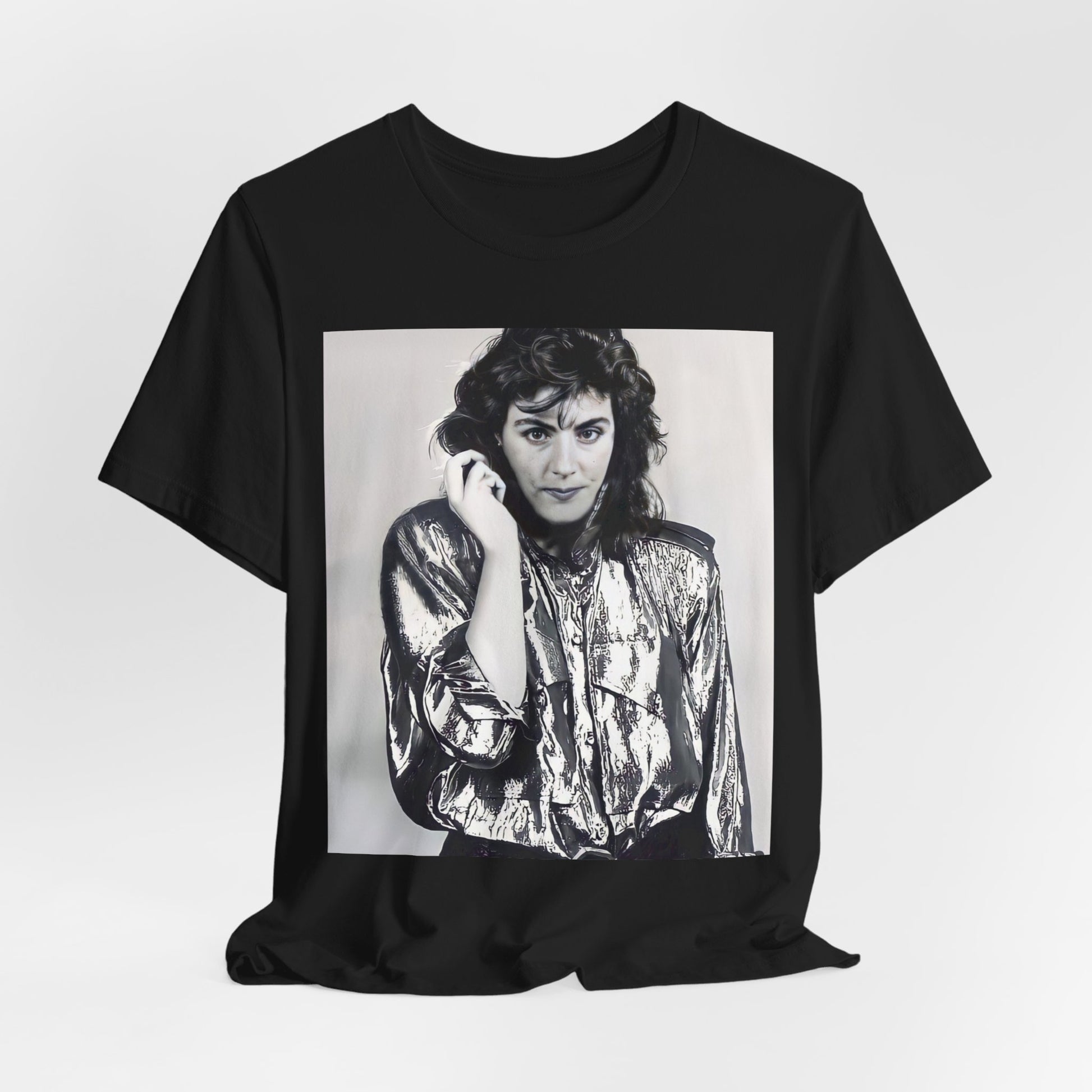 A black graphic t-shirt featuring a retro graphic related to Laura Branigan's 'Gloria' song or era.