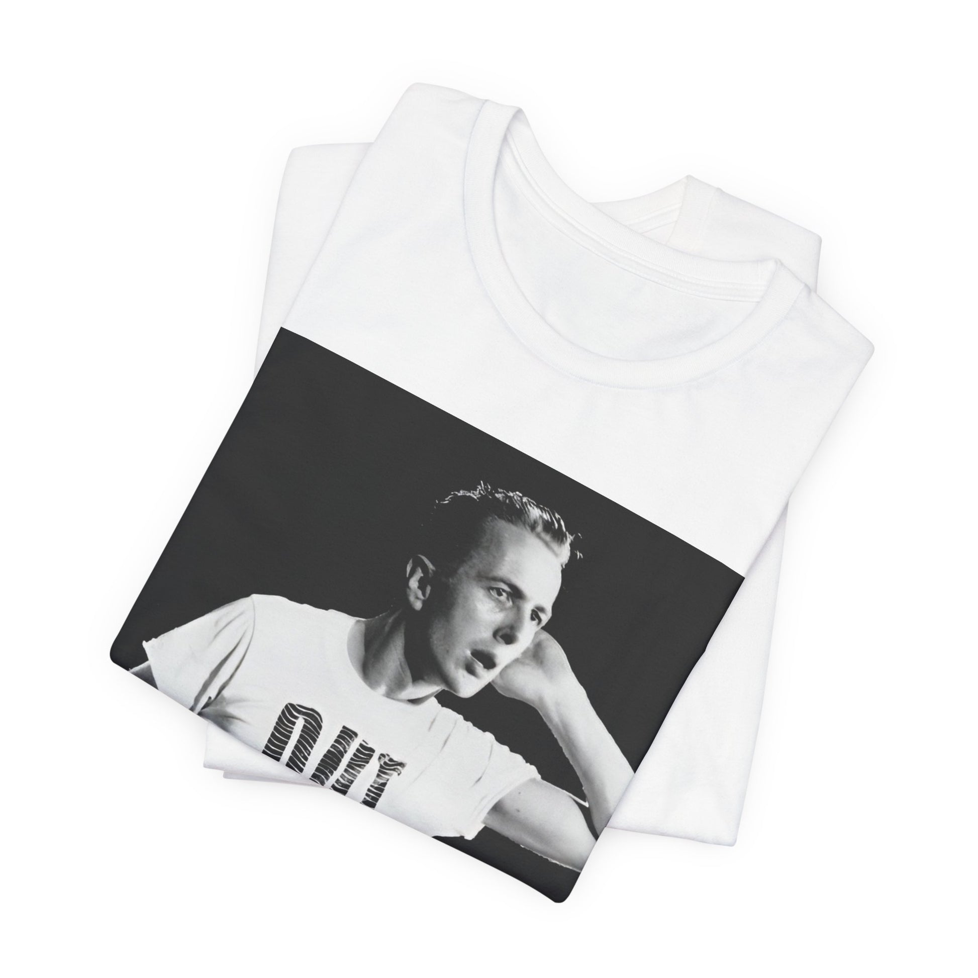 A black graphic t-shirt featuring a black and white graphic or photo portrait of Joe Strummer from The Clash.