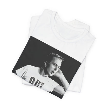 A black graphic t-shirt featuring a black and white graphic or photo portrait of Joe Strummer from The Clash.