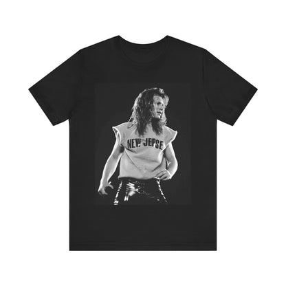 A black graphic t-shirt featuring a vintage graphic related to Bon Jovi's 'New Jersey' album or era.