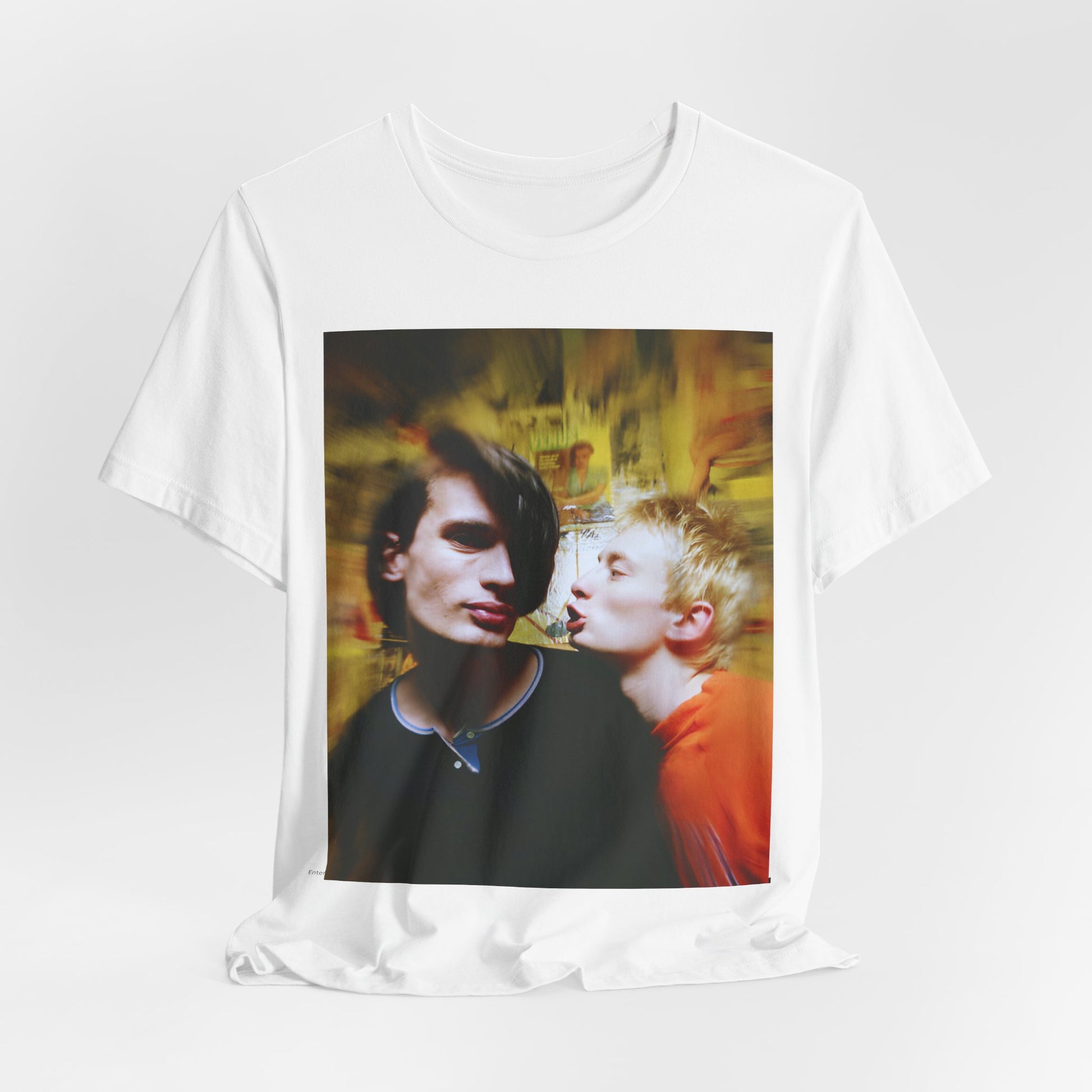 A black graphic t-shirt featuring a graphic related to Radiohead's 'No Surprises' song or era.