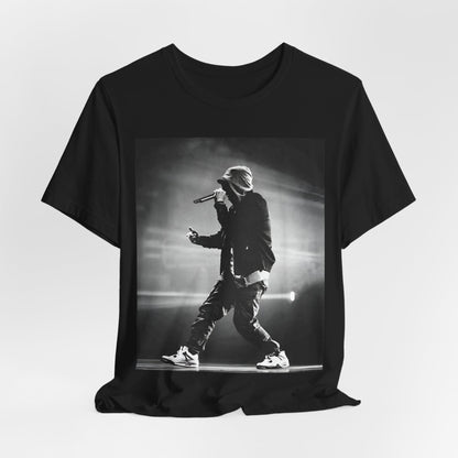 A black graphic t-shirt featuring a boxy hip hop aesthetic graphic of Eminem.