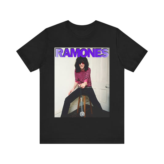 A black graphic t-shirt featuring a casual punk fan graphic of the Ramones.